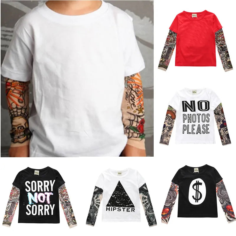 Novelty Tattoo Kids Long Sleeve T-Shirts - Fashion Print Cotton Boys T Shirt Kids Girls Tops Children's Clothes 1-7 Years