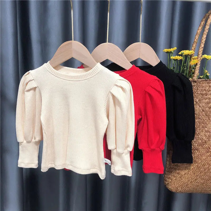 Baby Toddler Teenage Girls Sweaters Tops Long Puff Sleeve Knitted Kids Sweater