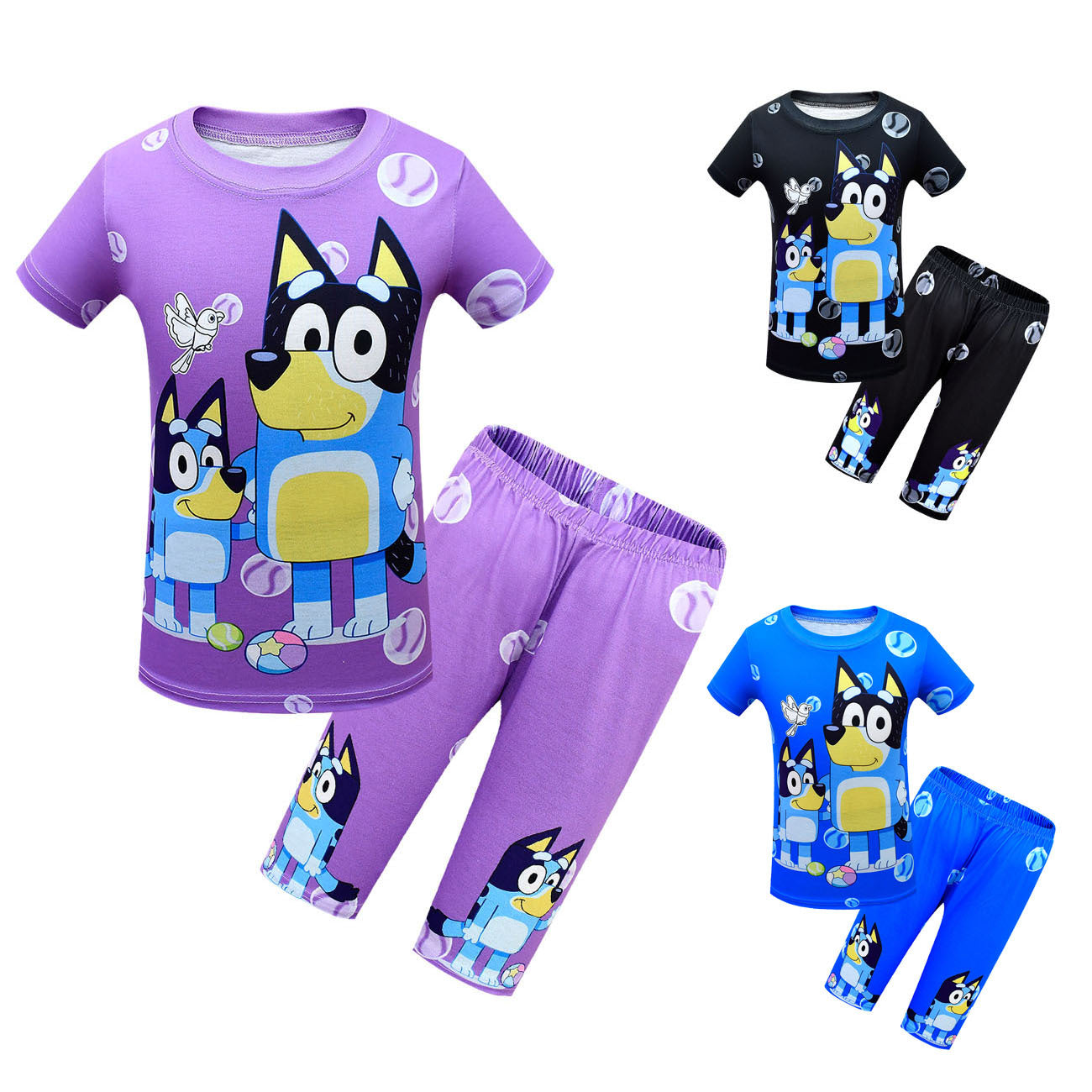 Bluey Children's Short-sleeved T-shirt Set Bluey Family Children's Pajama Set Shorts Loose Two-piece Set For Boys And Girls