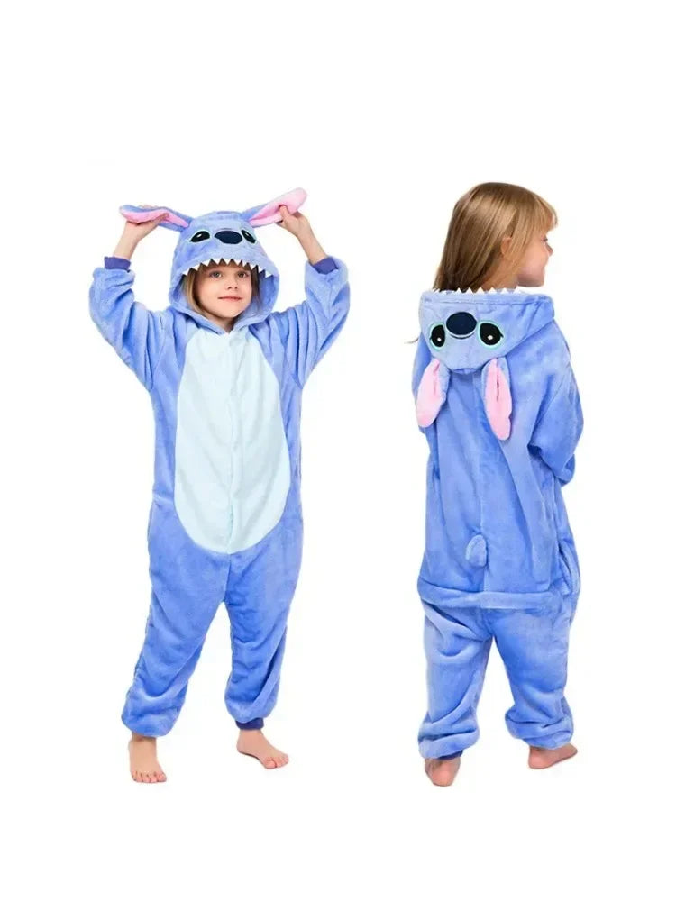Disney Stitch Pajamas Cartoon Winter Warm Cosplay Stitch Plush Pajamas Home Clothes Set Boys Girls Birthday Christmas Gifts