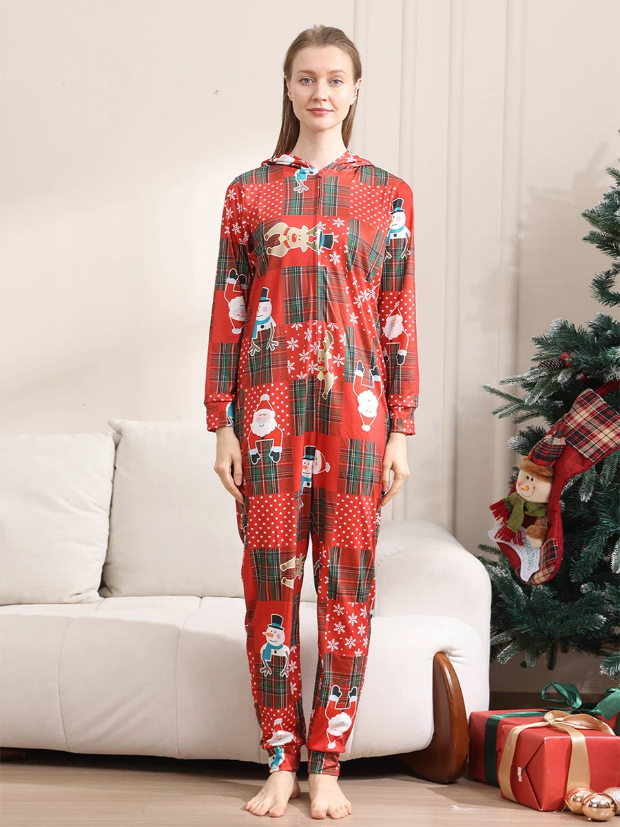 Matching Family Christmas Pajamas Red Plaid Reindeer Print Long Sleeve Zip Up Full Length Jumpsuit Holiday Sleepwear Set