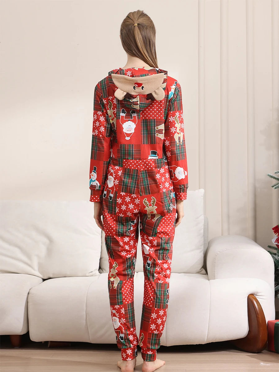 Matching Family Christmas Pajamas Red Plaid Reindeer Print Long Sleeve Zip Up Full Length Jumpsuit Holiday Sleepwear Set
