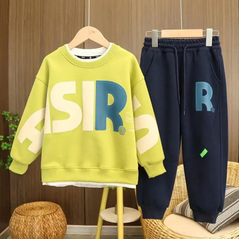 Casual Kids Clothes Set - Teenage Letter Print Pullover Sweatshirt Top and Jogger Pants Suit - Tracksuit