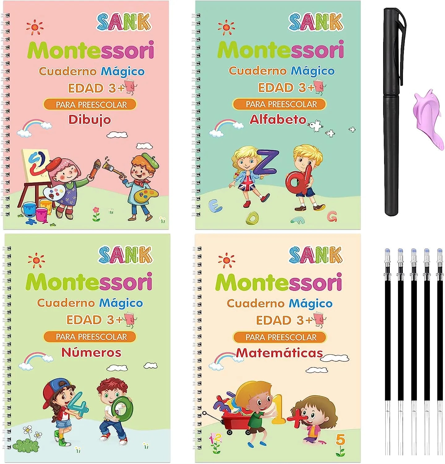 4 Books Magic Writing Book in Spanish Calligraphy Notebook - Montessori Kids Reusable Educational Calligraphic Letter Practice