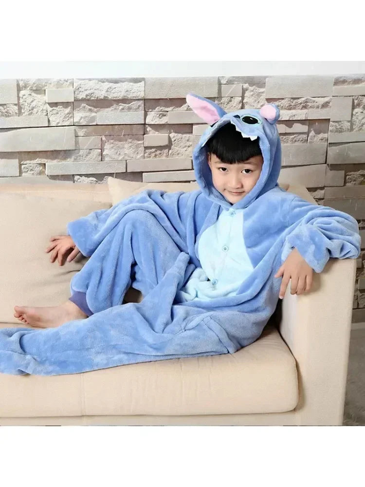 Disney Stitch Pajamas Cartoon Winter Warm Cosplay Stitch Plush Pajamas Home Clothes Set Boys Girls Birthday Christmas Gifts