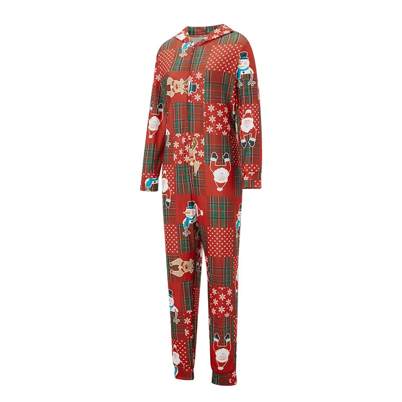 Matching Family Christmas Pajamas Red Plaid Reindeer Print Long Sleeve Zip Up Full Length Jumpsuit Holiday Sleepwear Set