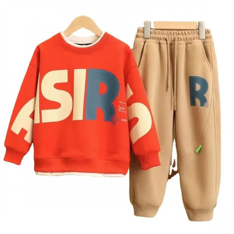 Casual Kids Clothes Set - Teenage Letter Print Pullover Sweatshirt Top and Jogger Pants Suit - Tracksuit