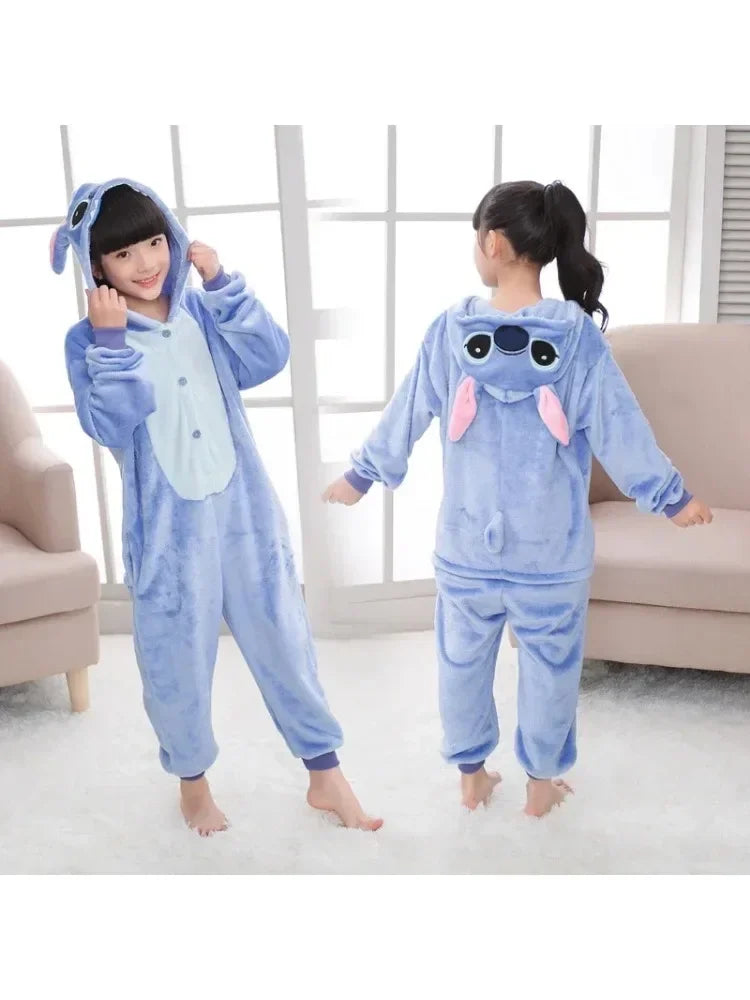 Disney Stitch Pajamas Cartoon Winter Warm Cosplay Stitch Plush Pajamas Home Clothes Set Boys Girls Birthday Christmas Gifts