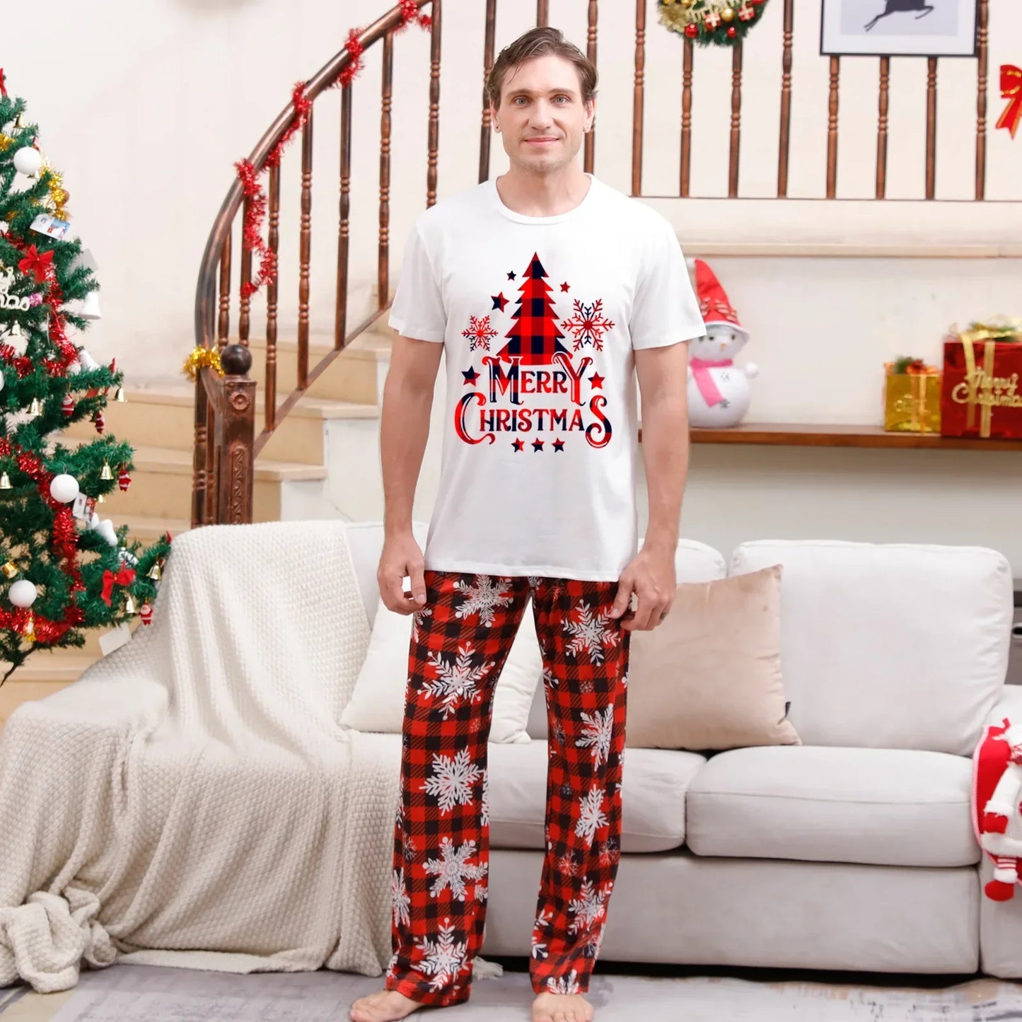 2024 New Santa Tree printed family matching clothing Christmas short-sleeved pajamas set Adult children's clothing Baby jumpsuit
