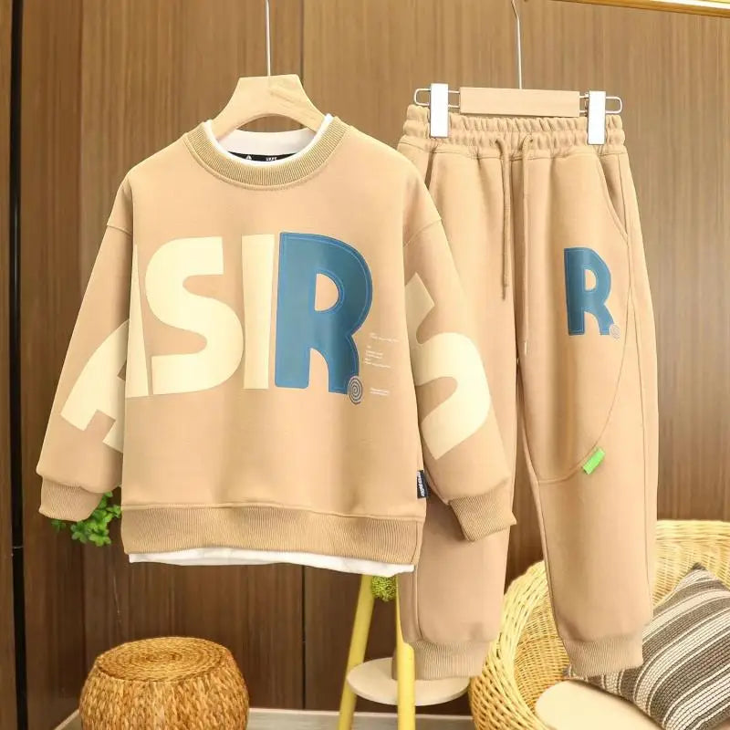Casual Kids Clothes Set - Teenage Letter Print Pullover Sweatshirt Top and Jogger Pants Suit - Tracksuit