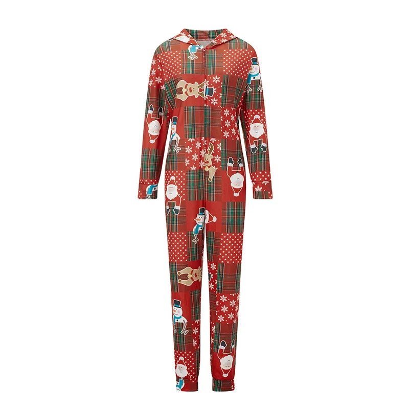 Matching Family Christmas Pajamas Red Plaid Reindeer Print Long Sleeve Zip Up Full Length Jumpsuit Holiday Sleepwear Set