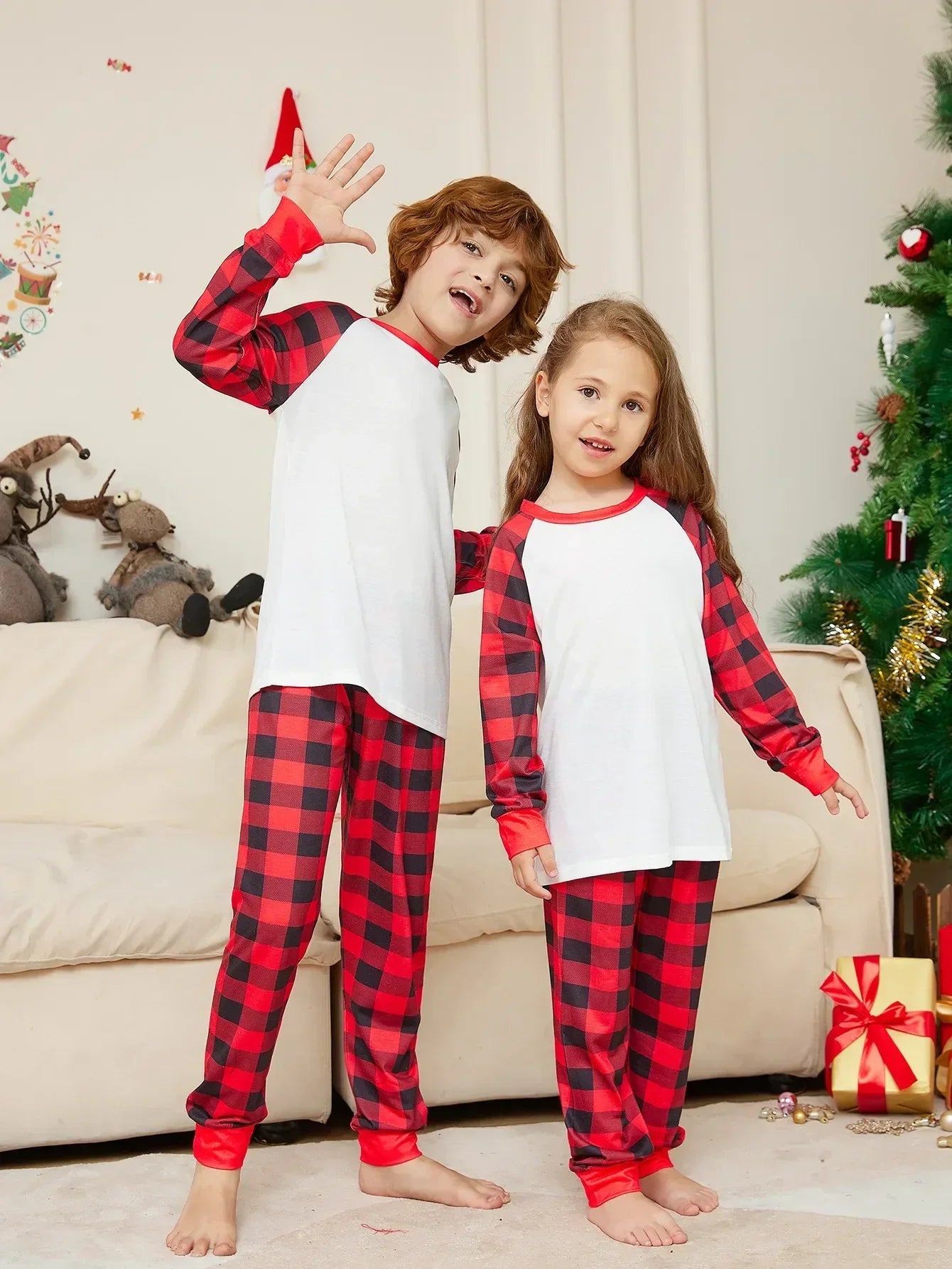 2024 Year's Clothes Adults Kids Christmas Matching Pajamas Set Baby&Dog Romper DIY Blank Plaid Sleepwear Xmas Family Look