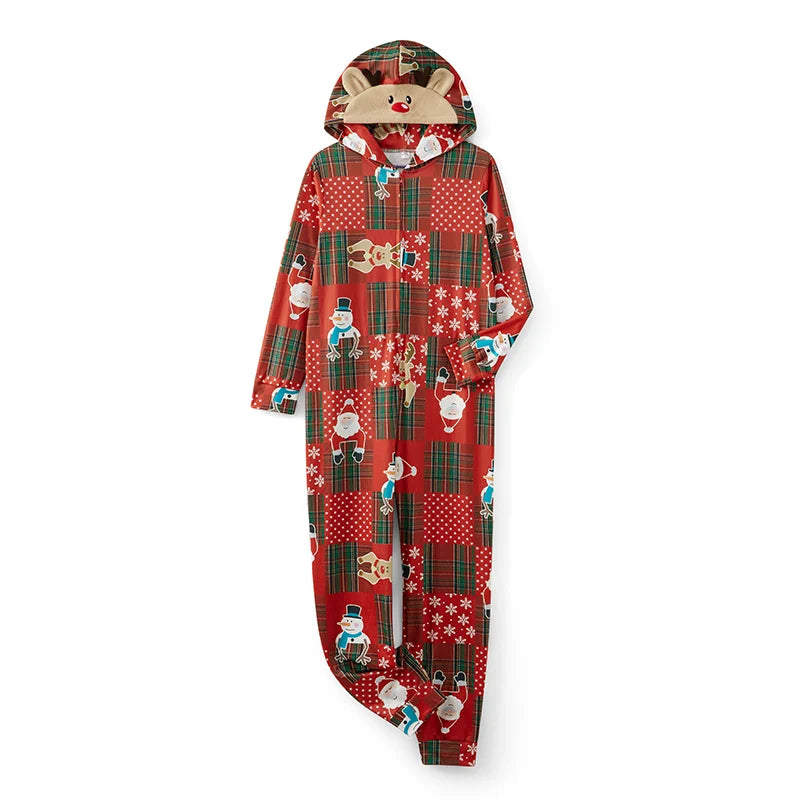 Matching Family Christmas Pajamas Red Plaid Reindeer Print Long Sleeve Zip Up Full Length Jumpsuit Holiday Sleepwear Set