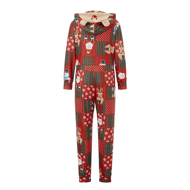 Matching Family Christmas Pajamas Red Plaid Reindeer Print Long Sleeve Zip Up Full Length Jumpsuit Holiday Sleepwear Set