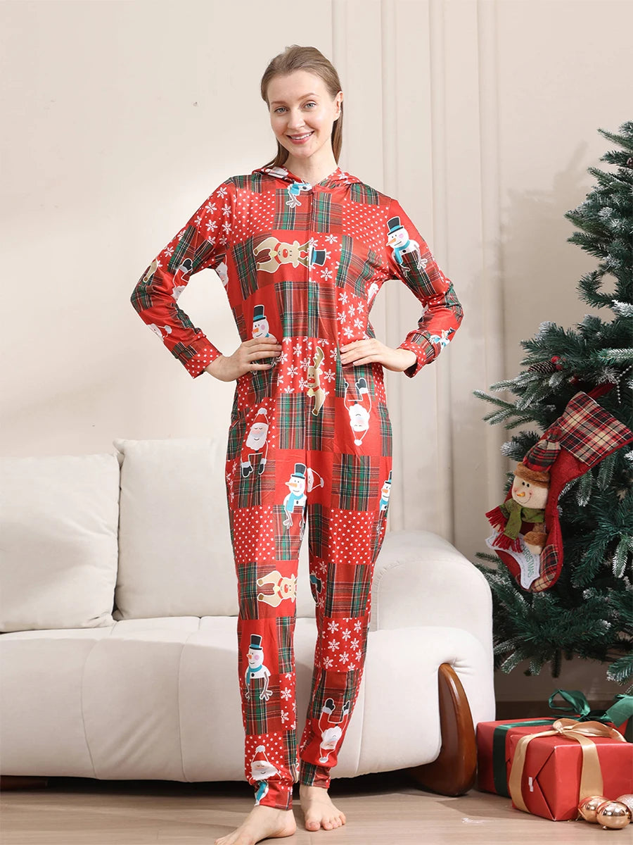 Matching Family Christmas Pajamas Red Plaid Reindeer Print Long Sleeve Zip Up Full Length Jumpsuit Holiday Sleepwear Set
