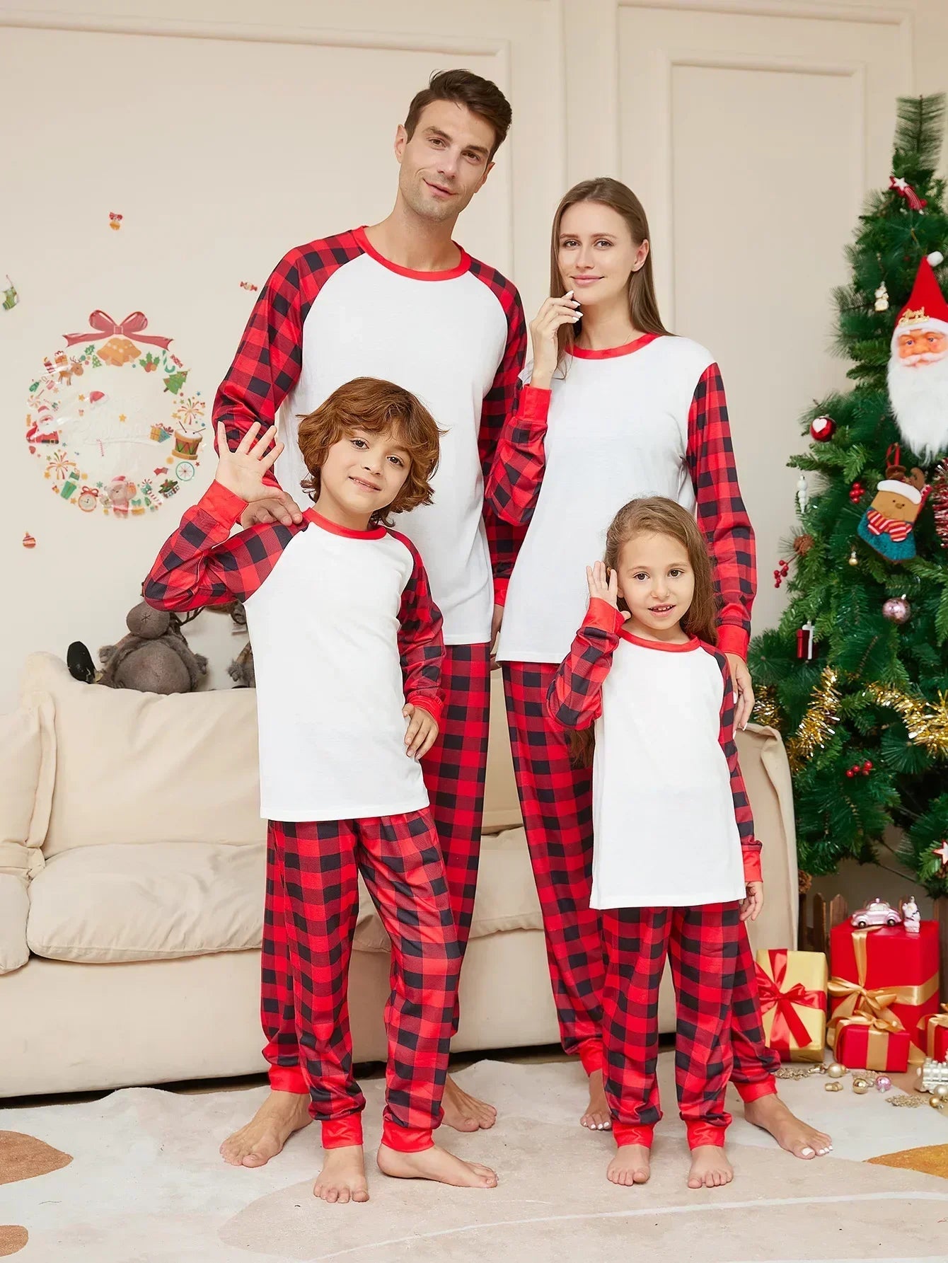 2024 Year's Clothes Adults Kids Christmas Matching Pajamas Set Baby&Dog Romper DIY Blank Plaid Sleepwear Xmas Family Look
