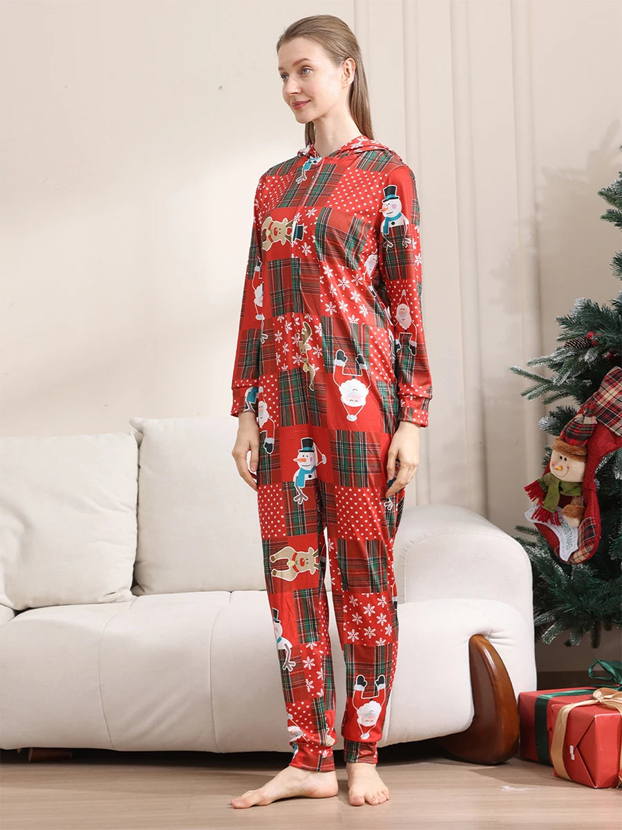 Matching Family Christmas Pajamas Red Plaid Reindeer Print Long Sleeve Zip Up Full Length Jumpsuit Holiday Sleepwear Set