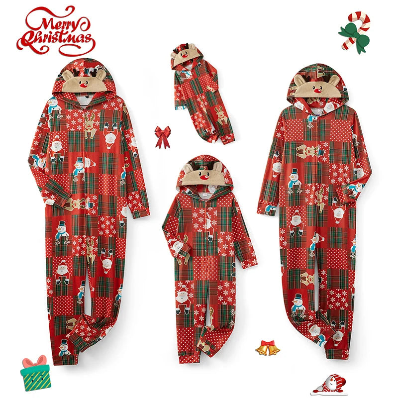 Matching Family Christmas Pajamas Red Plaid Reindeer Print Long Sleeve Zip Up Full Length Jumpsuit Holiday Sleepwear Set
