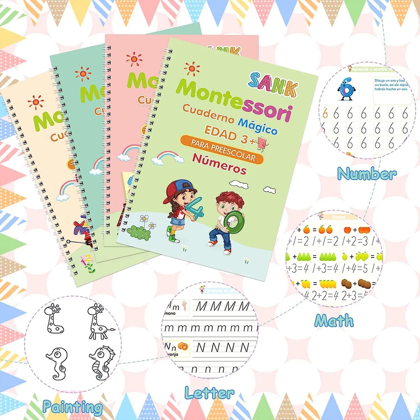 4 Books Magic Writing Book in Spanish Calligraphy Notebook - Montessori Kids Reusable Educational Calligraphic Letter Practice
