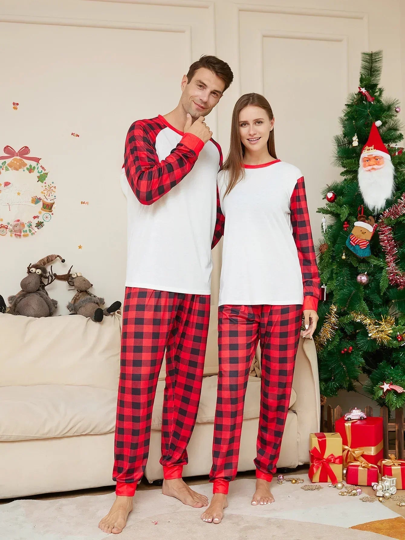 2024 Year's Clothes Adults Kids Christmas Matching Pajamas Set Baby&Dog Romper DIY Blank Plaid Sleepwear Xmas Family Look