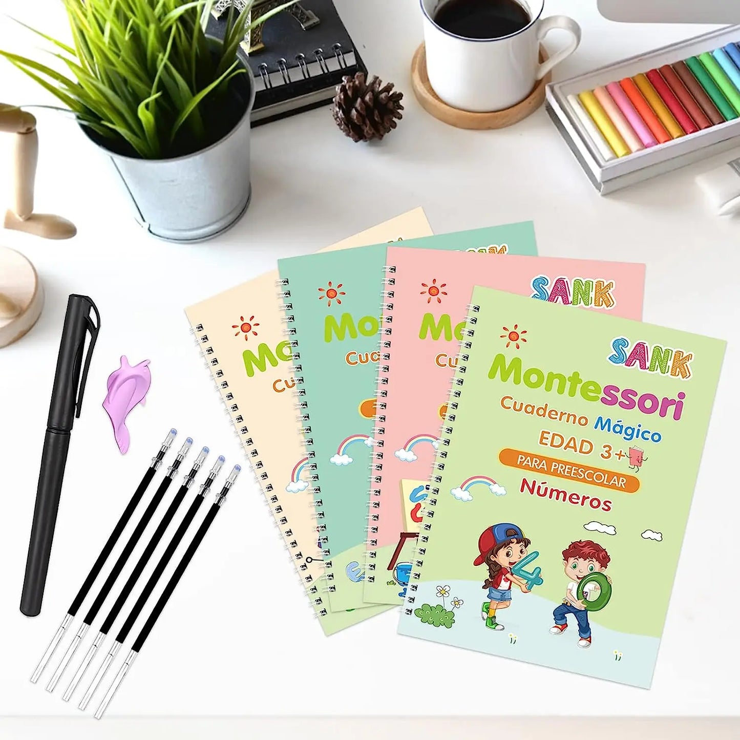 4 Books Magic Writing Book in Spanish Calligraphy Notebook - Montessori Kids Reusable Educational Calligraphic Letter Practice