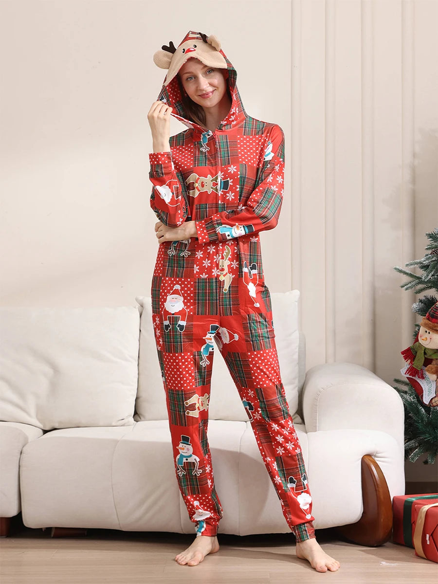 Matching Family Christmas Pajamas Red Plaid Reindeer Print Long Sleeve Zip Up Full Length Jumpsuit Holiday Sleepwear Set