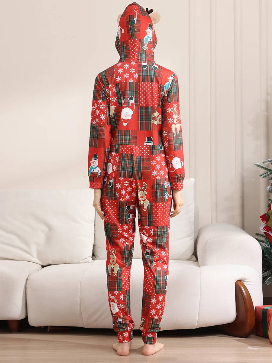 Matching Family Christmas Pajamas Red Plaid Reindeer Print Long Sleeve Zip Up Full Length Jumpsuit Holiday Sleepwear Set