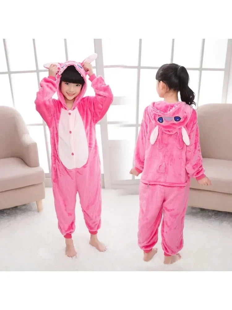 Disney Stitch Pajamas Cartoon Winter Warm Cosplay Stitch Plush Pajamas Home Clothes Set Boys Girls Birthday Christmas Gifts