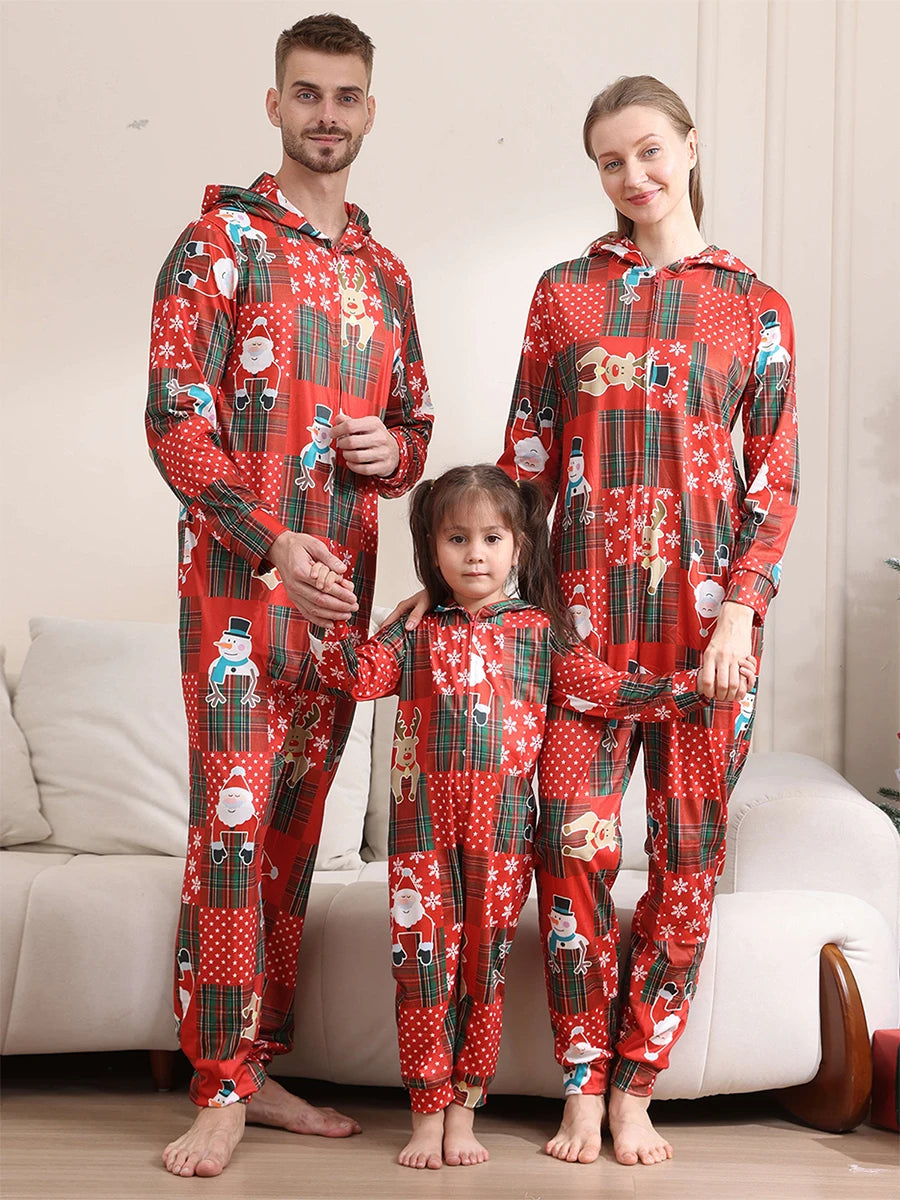 Matching Family Christmas Pajamas Red Plaid Reindeer Print Long Sleeve Zip Up Full Length Jumpsuit Holiday Sleepwear Set