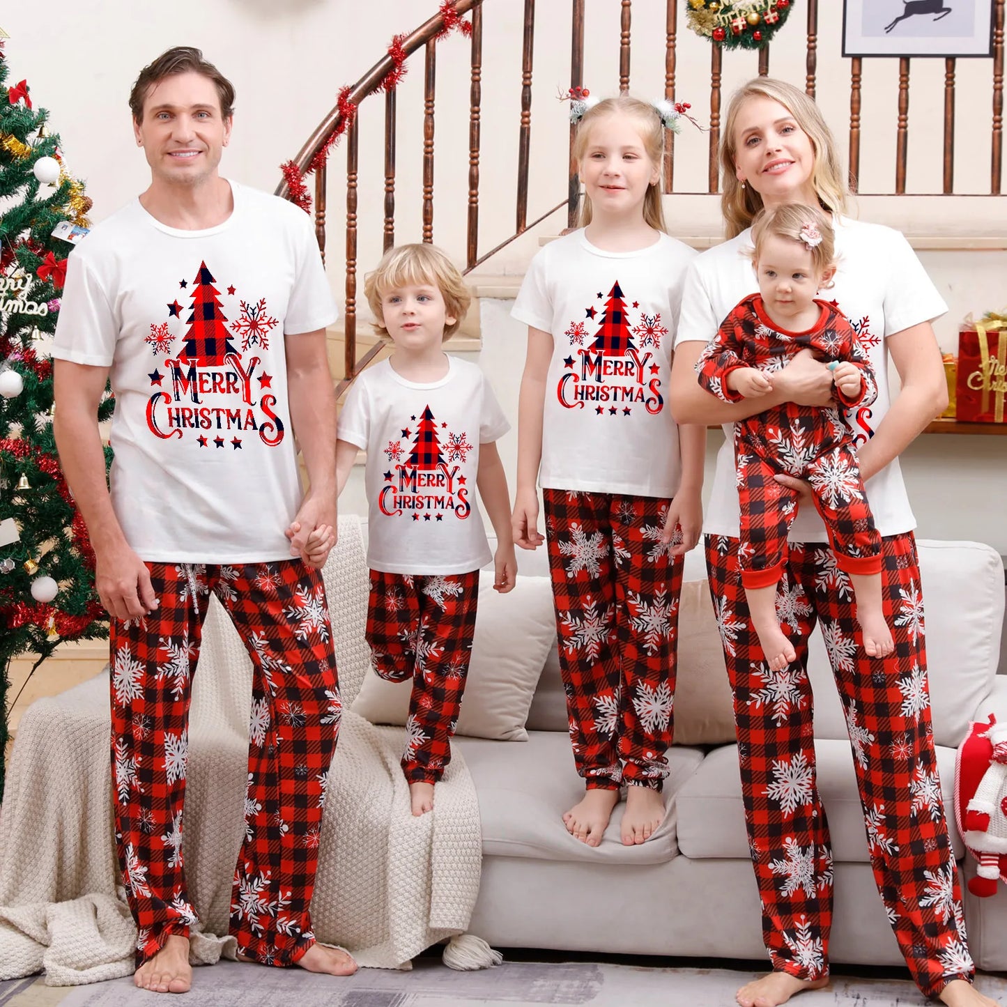 2024 New Santa Tree printed family matching clothing Christmas short-sleeved pajamas set Adult children's clothing Baby jumpsuit