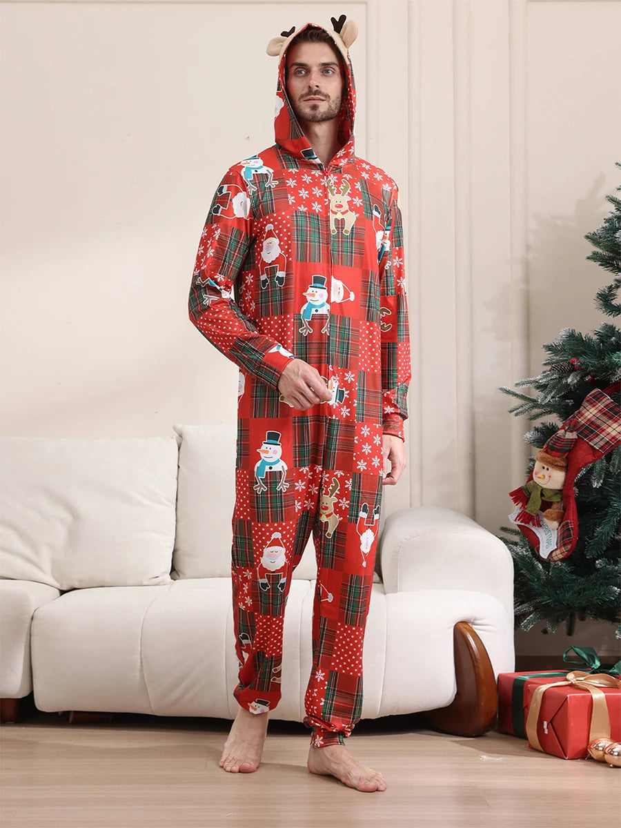 Matching Family Christmas Pajamas Red Plaid Reindeer Print Long Sleeve Zip Up Full Length Jumpsuit Holiday Sleepwear Set