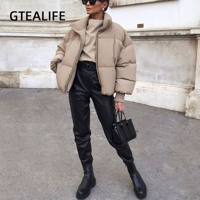 Gtealife Fashion Stand Collar Parkas Thick Warm Winter Bubble Coats Khaki Jackets Pockets Zipper Simple Overcoats