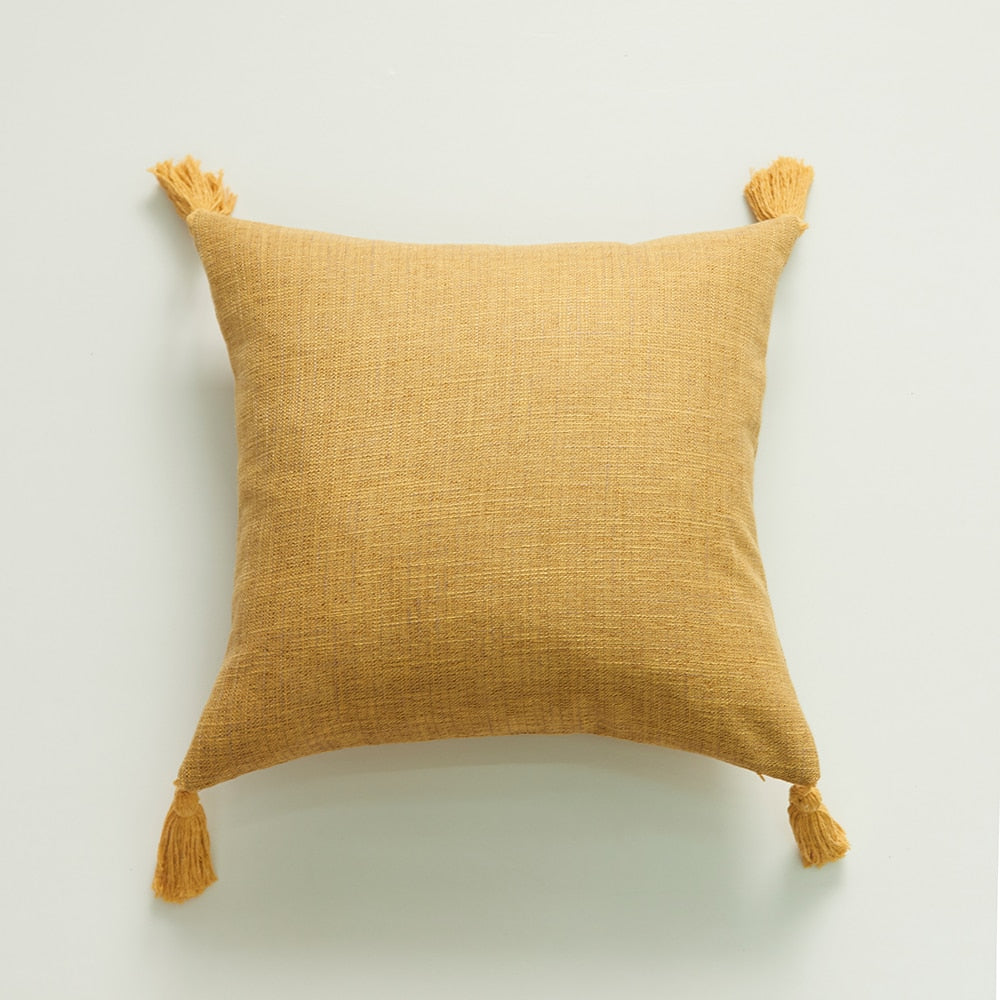 Home Decorative Pure Color Cotton Hemp Tassel Pillow Cover For Home Simple Art Style Square Pillow Cushion Cover