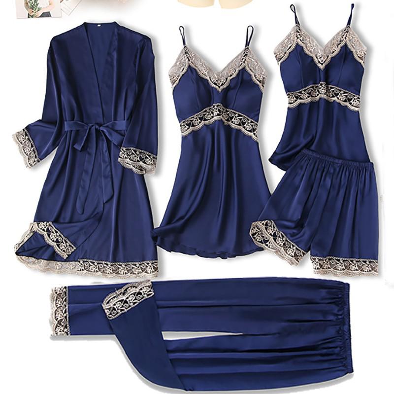 Satin Women Robe Set Sexy Nightdress Sleepwear Kimono Gown Lace PAJAMAS Intimate Lingerie Hollow Out Nighty&Robe Suit