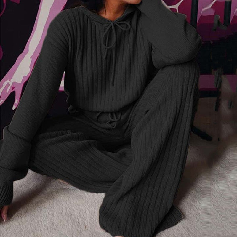 Knitted Pajama Set, Hooded Pajama Pants, Home Long Sleeve Sleepwear Loose Lounge Wear