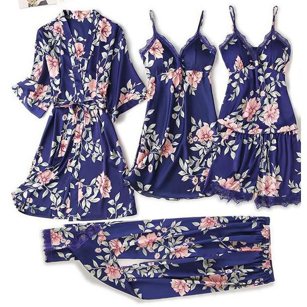 Satin Women Robe Set Sexy Nightdress Sleepwear Kimono Gown Lace PAJAMAS Intimate Lingerie Hollow Out Nighty&Robe Suit
