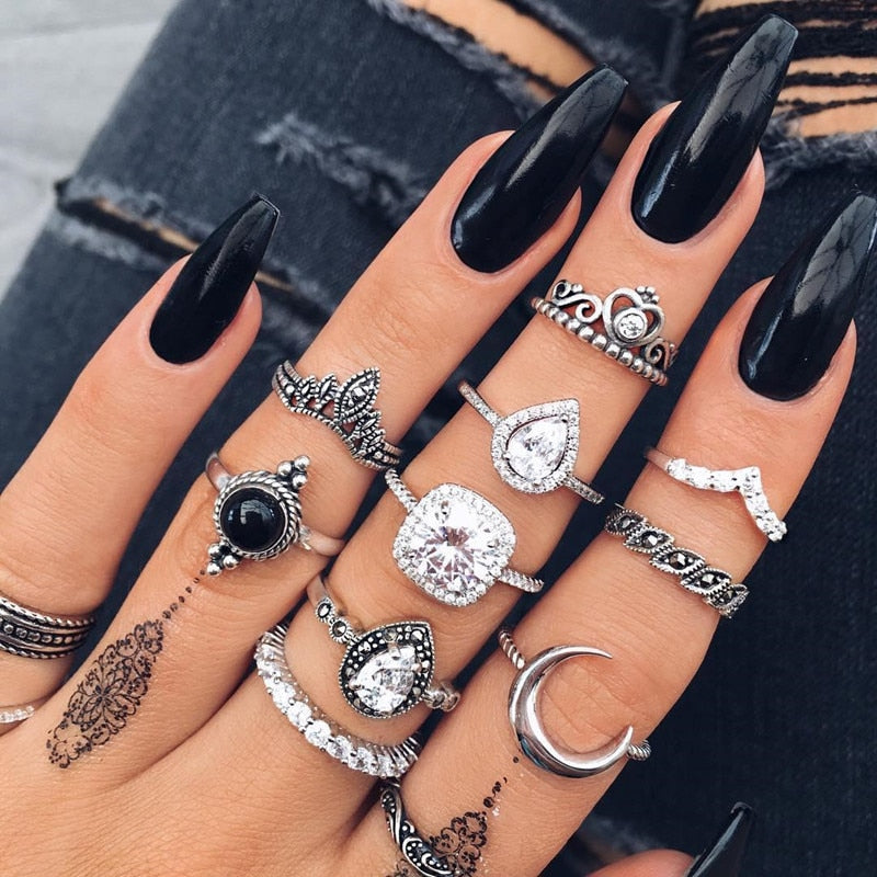 17 Pcs/Set Boho Vintage Gold Color Crystal Opal Gem Ring Set Crown Star Water Drop Geometric Party Rings for Women Jewelry Gifts