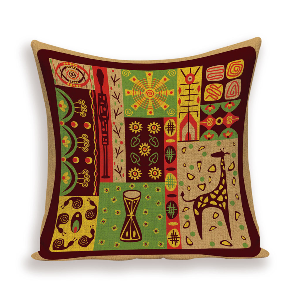 African Style Cushion Cover, African Style Pillow Case Linen Print Color Cloth for Sofa Throw Pillows
