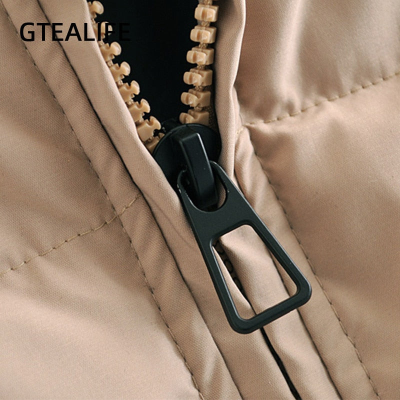 Gtealife Fashion Stand Collar Parkas Thick Warm Winter Bubble Coats Khaki Jackets Pockets Zipper Simple Overcoats