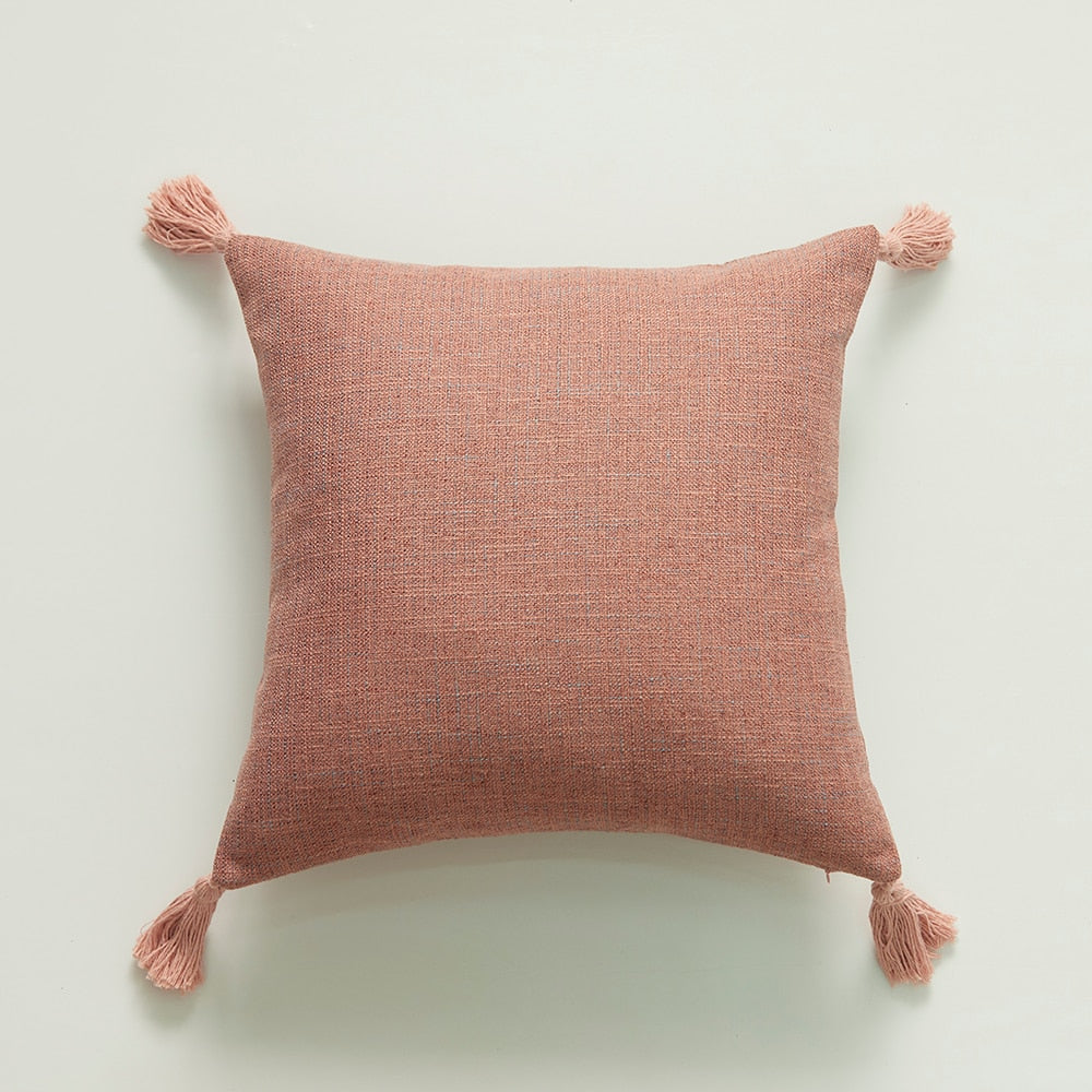 Home Decorative Pure Color Cotton Hemp Tassel Pillow Cover For Home Simple Art Style Square Pillow Cushion Cover