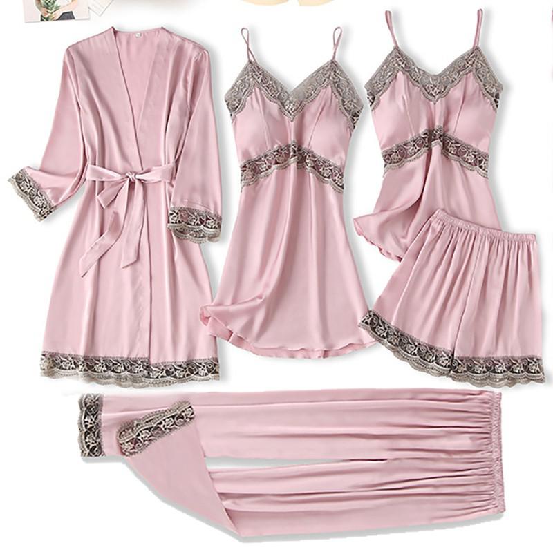 Satin Women Robe Set Sexy Nightdress Sleepwear Kimono Gown Lace PAJAMAS Intimate Lingerie Hollow Out Nighty&Robe Suit