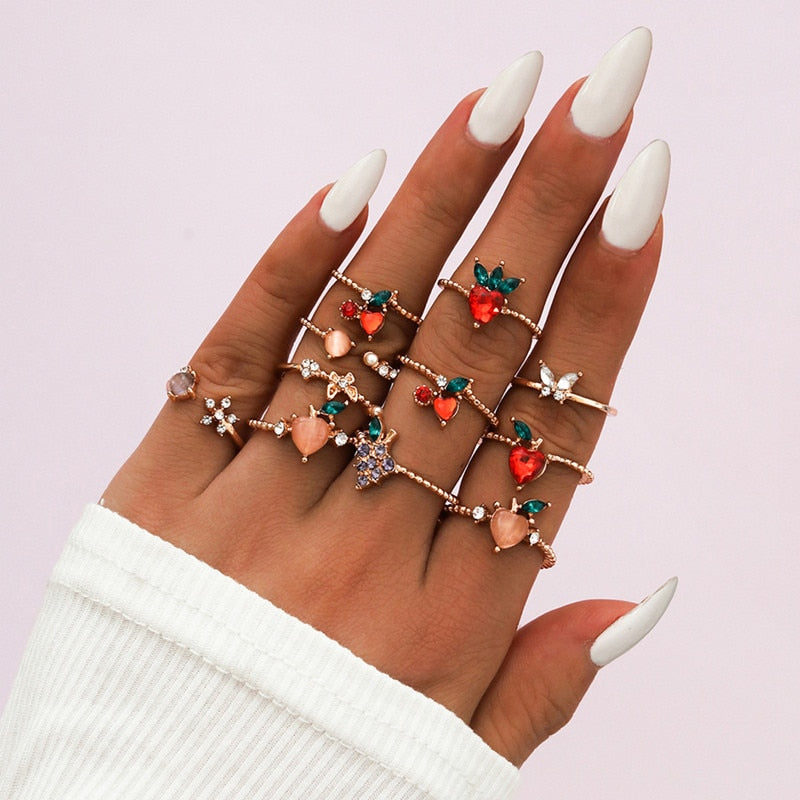 17 Pcs/Set Boho Vintage Gold Color Crystal Opal Gem Ring Set Crown Star Water Drop Geometric Party Rings for Women Jewelry Gifts