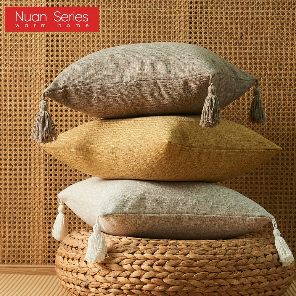 Home Decorative Pure Color Cotton Hemp Tassel Pillow Cover For Home Simple Art Style Square Pillow Cushion Cover