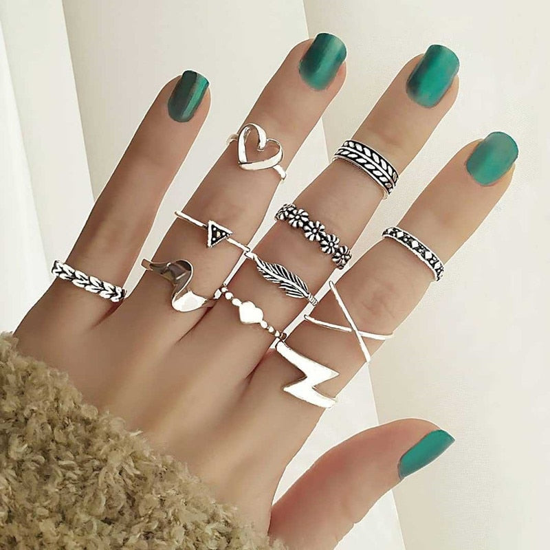 17 Pcs/Set Boho Vintage Gold Color Crystal Opal Gem Ring Set Crown Star Water Drop Geometric Party Rings for Women Jewelry Gifts
