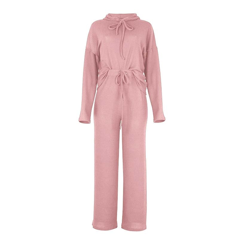 Knitted Pajama Set, Hooded Pajama Pants, Home Long Sleeve Sleepwear Loose Lounge Wear