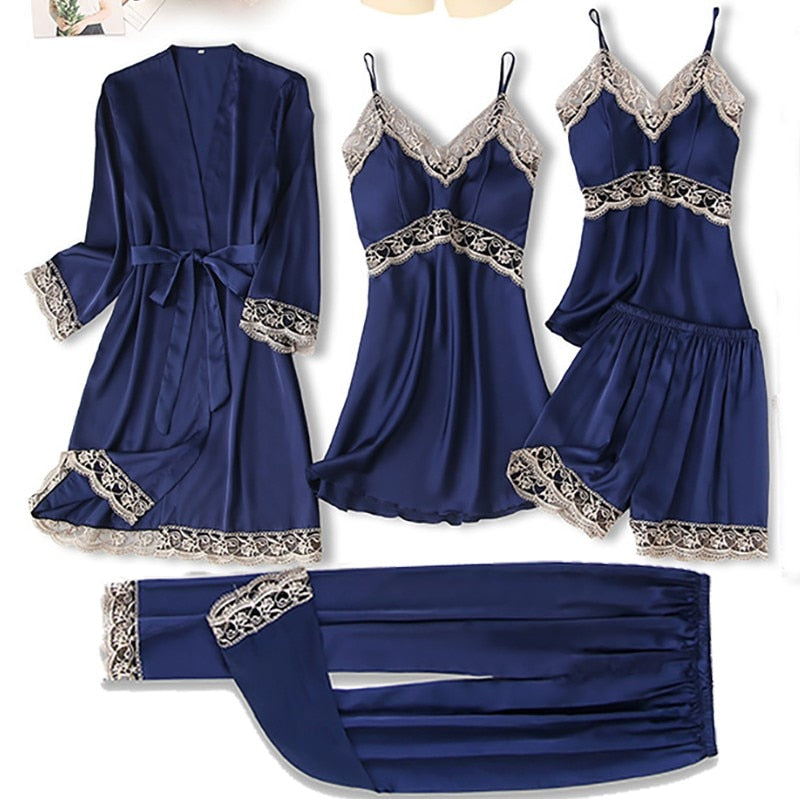 Satin Women Robe Set Sexy Nightdress Sleepwear Kimono Gown Lace PAJAMAS Intimate Lingerie Hollow Out Nighty&Robe Suit