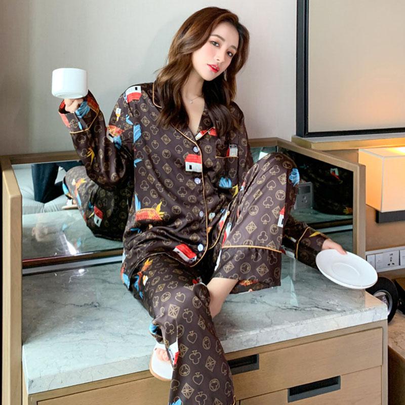 Pajamas - Women Satin Print Nightwear Casual 2PCS P V-Neck Intimate Lingerie