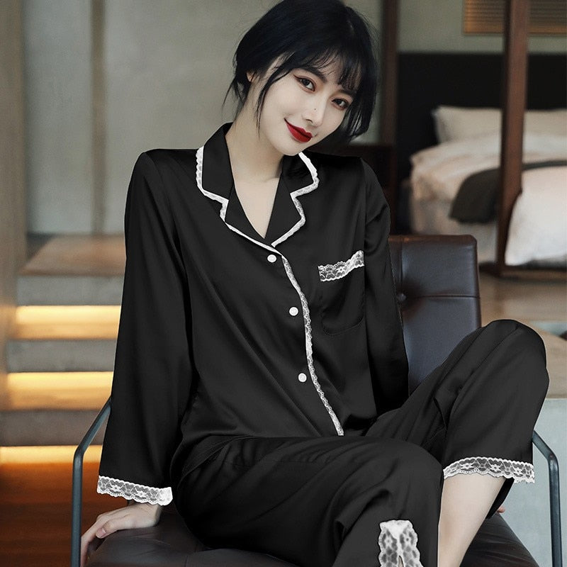 Lace 2PCS Sleepwear Satin Pajamas Suit Summer Pajamas Casual Intimate Lingerie Long Sleeve Shirt Pants Lounge Wear