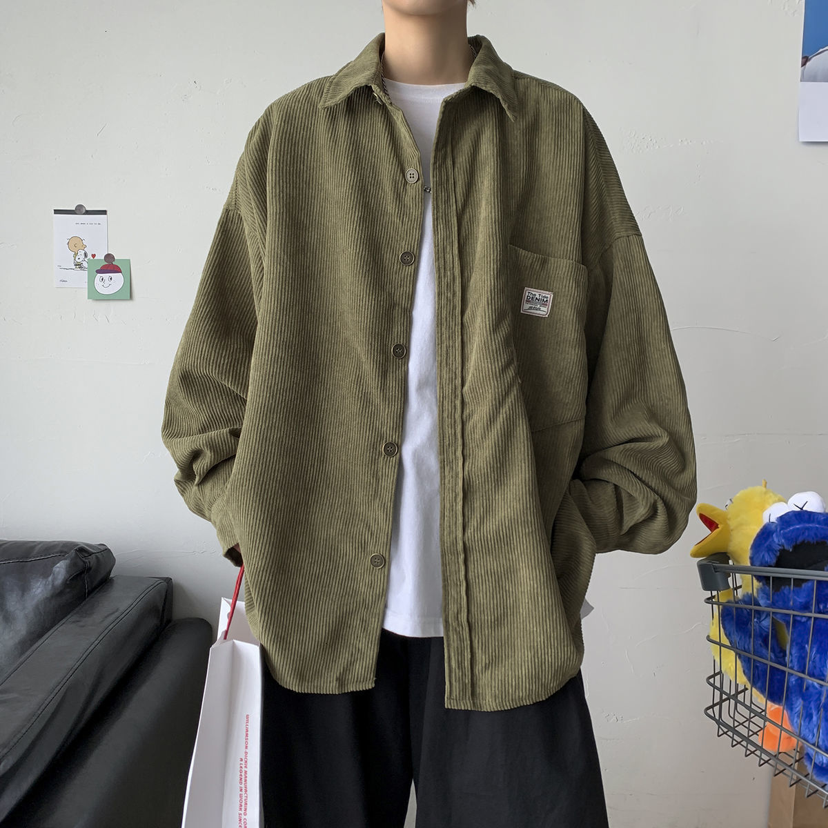Privathinker Corduroy Long Sleeve Shirts - Unisex Fashion Casual Oversize Shirt Printed Clothing