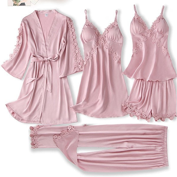 Satin Women Robe Set Sexy Nightdress Sleepwear Kimono Gown Lace PAJAMAS Intimate Lingerie Hollow Out Nighty&Robe Suit